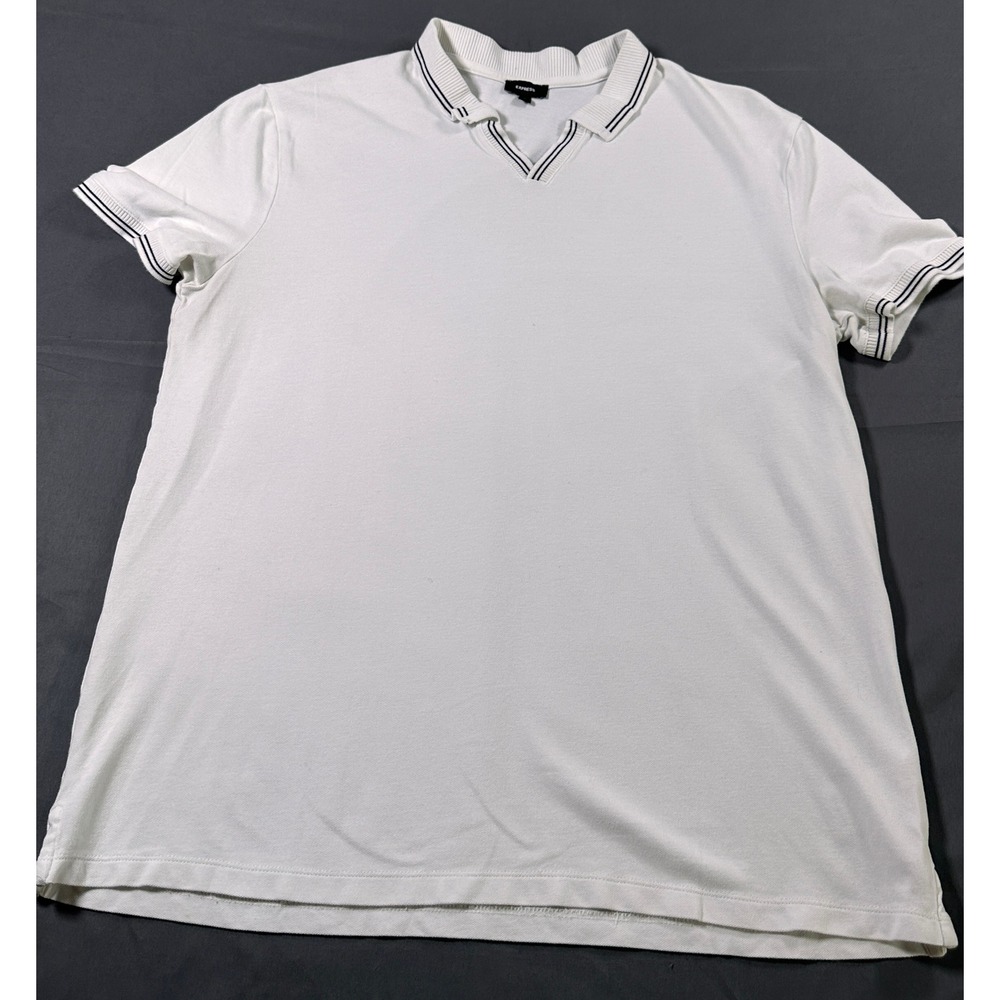 Express Mens White V-Neck Polo Shirt Large Short Sleeve Striped Trim Cotton